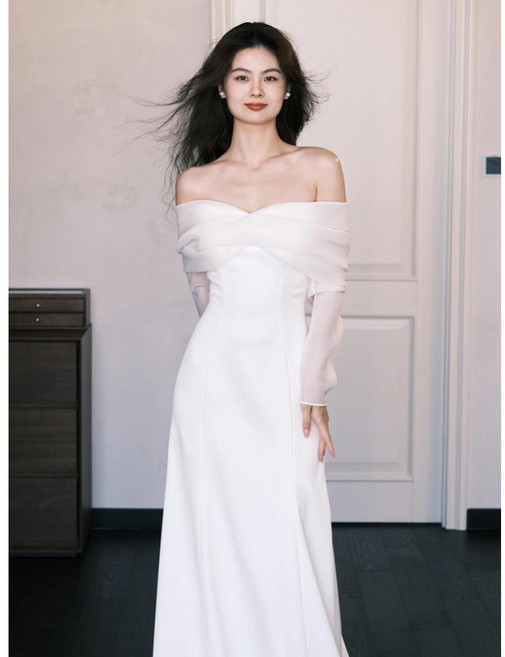 긴팔웨딩드레스 오프숄더 오간자 셀프웨딩 촬영 원피스 세미머메이드 2부 피로연