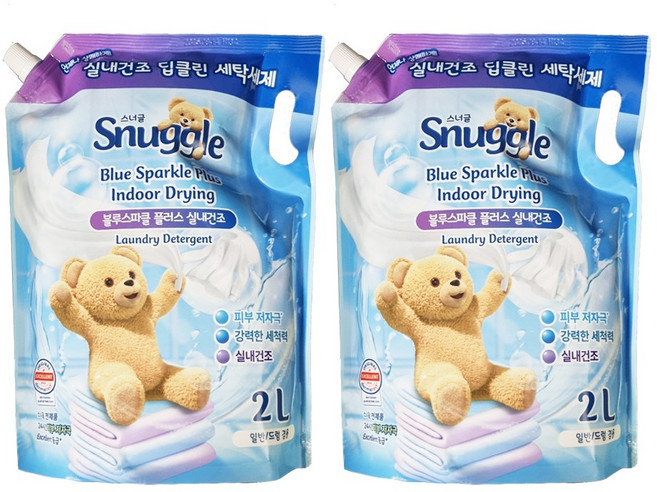 스너글 블루스파클 플러스 실내건조 액상세탁세제 리필, 2L, 2개