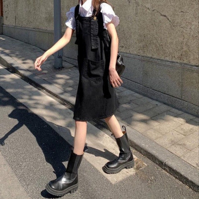 法式連身裙 短袖洋裝 V領長洋裝 設計感掛脖牛仔洋裝 夏季收腰 A字百褶短裙, 23黑色 高品質,XL（建議115-130斤）