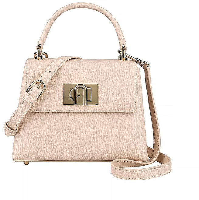 FURLA 1927 金字LOGO 防刮牛皮 旋鈕式 手提斜背包, 淺粉橘