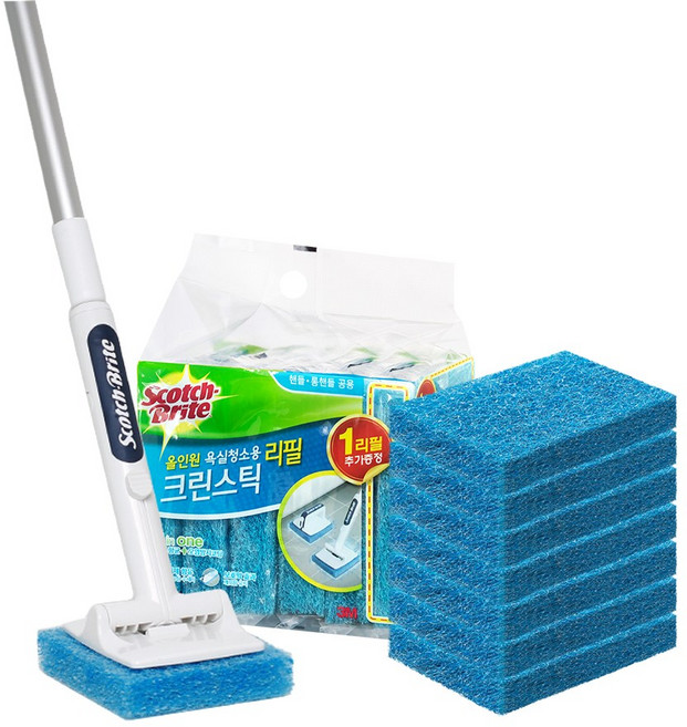 [3M]크린스틱 뉴올인원 욕실청소용 롱핸들+리필1+1, 롱핸들1+리필8입, 1개