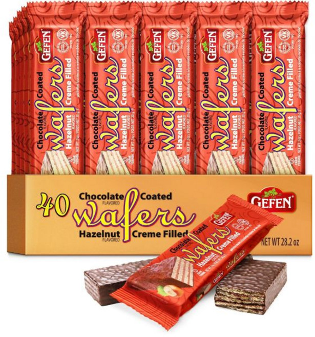 Gefen 게펜(40팩) 맛있는 헤이즐넛 맛 크림으로 채워진 개별 포장 유제품 프리 초콜릿 코팅 웨이퍼 코셔 도시락 친화적