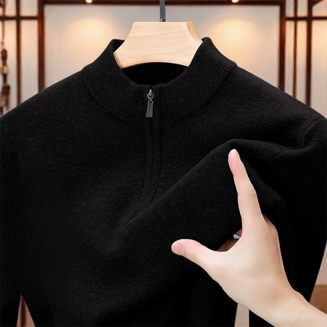 POMTOR 겨울 중년 남성용 캐시미어 니트 반집업 베이직 캐주얼 반폴라 스웨터