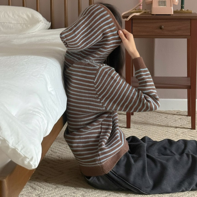 쏭걸 여성 오버핏 스트라이프 니트 후드티