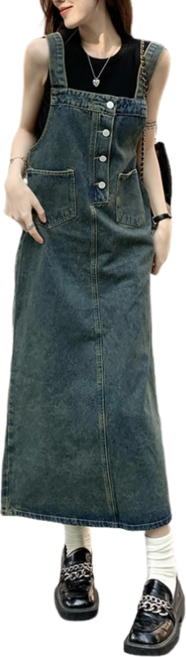 여성용 빅사이즈 데님 멜빵 치마 롱원피스 루즈핏 포켓 멜빵원피스