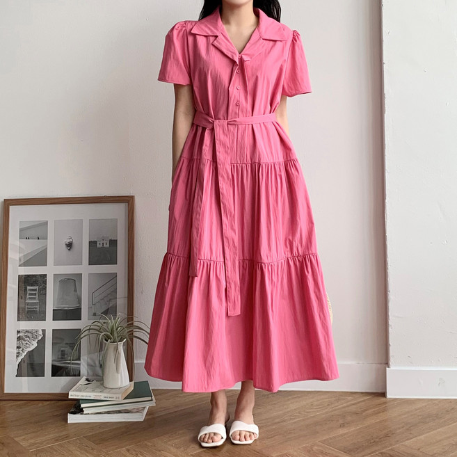 더한땀 썸머 바스락 반팔 셔츠 허리끈 A라인 캉캉 원피스