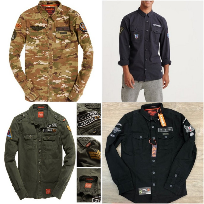 Superdry Storm 男款純棉迷彩軍裝貼布長袖襯衫, 黑色,XL, 1個