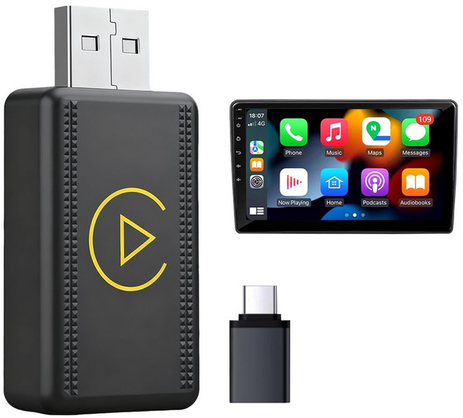 미니 무선 스마트 자동차 어댑터 애플 카플레이 안드로이드 오토 2 in 1 플러그 앤 플레이, 블랙, Carplay