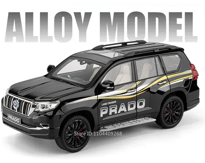 1:18 대형 Prado SUV 모델 장난감 자동차 문 열림 금속 다이캐스트 충격 흡수 음악 경차 생일 선물, 01 Black