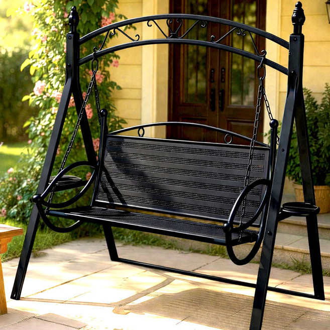 엘라 흔들 그네 의자 테라스 카페 정원 철제, 01. 엘라 철제 2인 그네의자_블랙