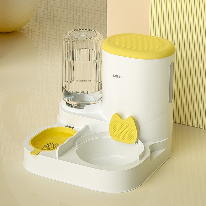Izeriel 반려동물 급식기 고양이 급수기 사료 그릇 고양이 밥그릇 급수 급식 일체형 사료 투입기 고양이 강아지 용품 펫 피딩 기기 자동 급수기, 1개, 옐로우, 1000g