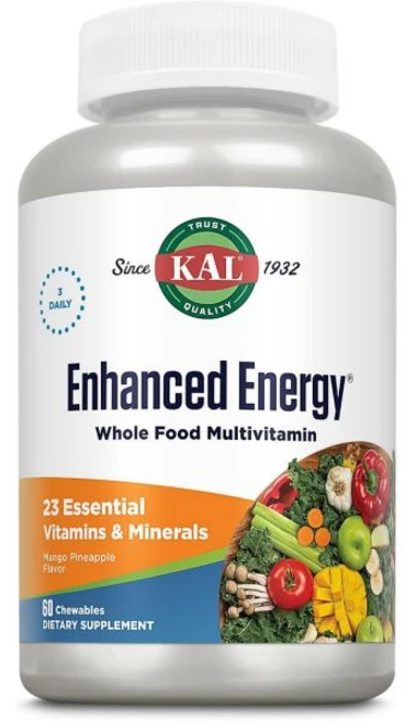 KAL 강화 에너지 철분이 함유된 통식품 종합 비타민 매일 3가지 비타민 미네랄 슈퍼푸드 효소 망고 파인애플 맛 60일 보증 20인분 60ct, 1개, 60정 - 쿠팡