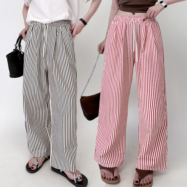 하바우 엠보 스트라이프 밴딩 핀턱 와이드 팬츠 2종 세트 홈웨어 이지웨어