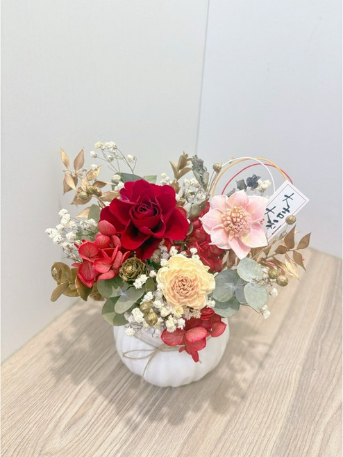 羽卉手作 過年花禮 交換禮物 過年花盆 永生花 乾燥花 退休禮物 感謝禮 開幕盆 賀禮 過年禮物 居家裝飾 過年裝飾, 花盆+盒子, 紅