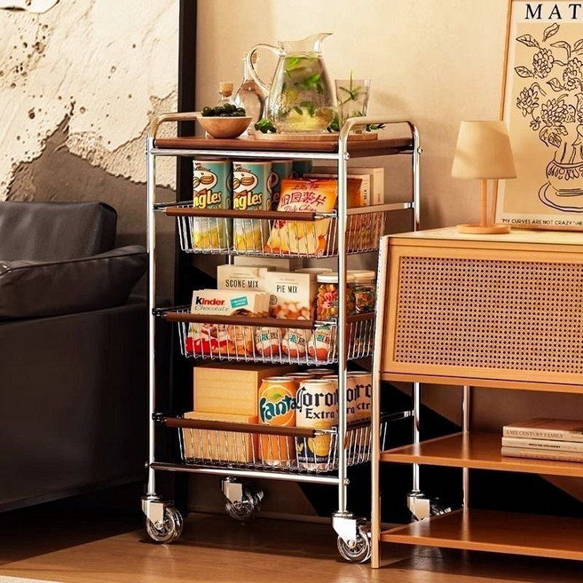 MRS 고급 트롤리 슬라이딩 이동식 다층 다용도 시스템 멀티 우드상판 튼튼한 철제 바구니 선반 정리 틈새수납장, 4단