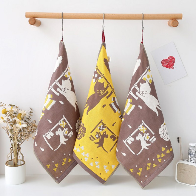 [마치]고양이면핸드타올 (35X40cm) 거즈수건, C빨래냥브라운, 1개