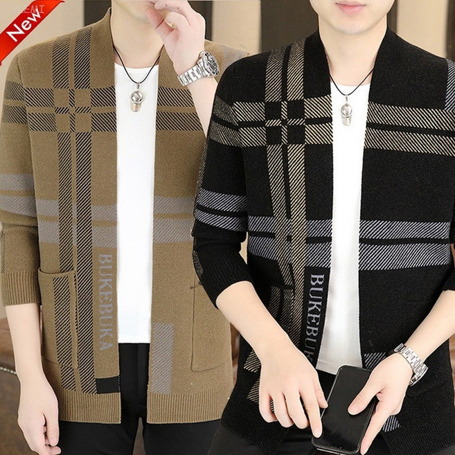 YLEMI 남성 봄 가을 체크 패턴 캐주얼 니트 가디건