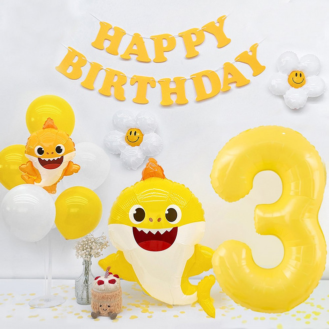 파티아일랜드 HBD 아기 상어 파티 세트 생일 동물 아이 핑크퐁 풍선, 1세트, 숫자 3
