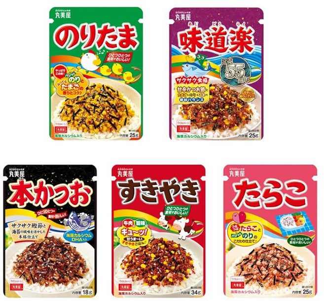 마루미야 후리카케 모둠 5종 모둠 세트|김타마 스키야키 맛도라쿠 명란젓본가쓰오|도시락 아침식사 주먹밥용(마루미야 각 1봉지 총 5봉) 사은품증정, 1개, 25g