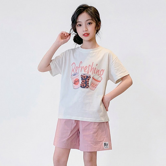 주니어 여아 반팔 라운드넥 프린팅 티셔츠 밴딩 반바지 상하복 세트