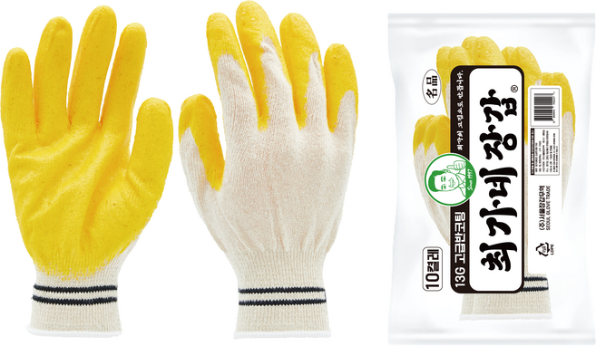 최가네장갑 고급 황반코팅 13G 100켤레 코팅장갑 줄무늬 흑선 두줄 작업 장갑 노랑 노란색 반코팅 황색 반코팅 황코팅, 100세트