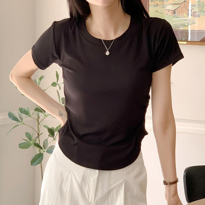 어나더뷰 쫀득 세미크롭 셔링 반팔티 티셔츠 심플 베이직 기본템 무지 쫀쫀 스판 레이온 찰랑 크롭 반소매 반팔 이너티 1978