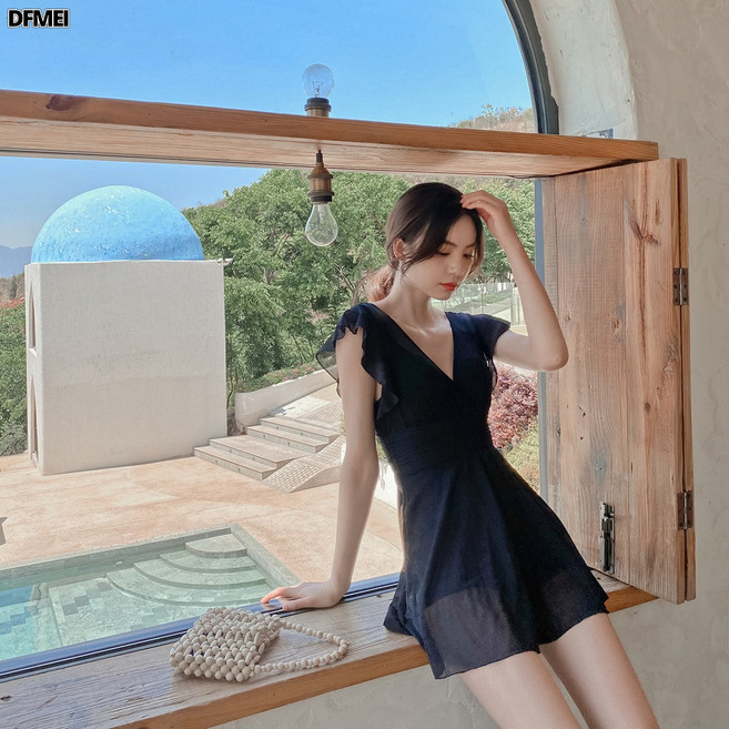 DFMEI 小胸聚攏連體泳衣女顯瘦遮肚仙女範保守溫泉遮肉泳衣黑色, XL