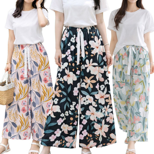 여성 플라워 팬츠 와이드레그 잠옷 통바지 루즈핏 밴딩 여름 냉감 파자마