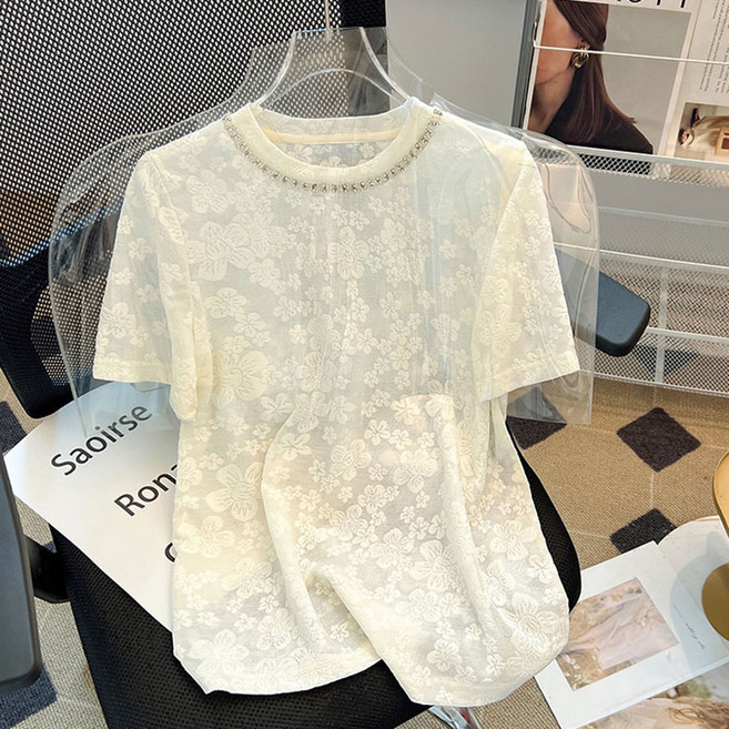 FANSYLI 여름 라운드넥 레이스 반팔 티셔츠 여성 패션 큐빅 시스루 탑 W2505M26