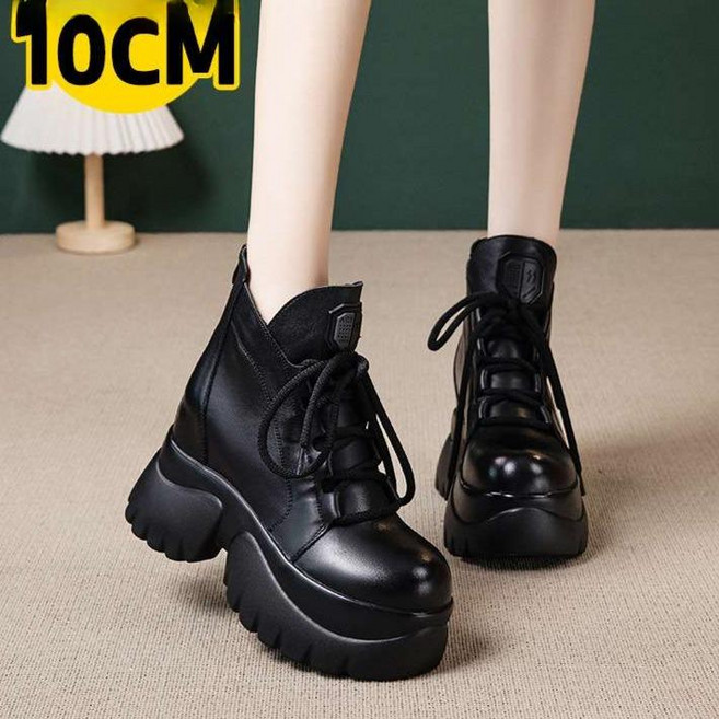 발편한 여성통굽부츠 키 커보이는 플랫폼 고급 소가죽 워커 통굽 숏부츠 블랙