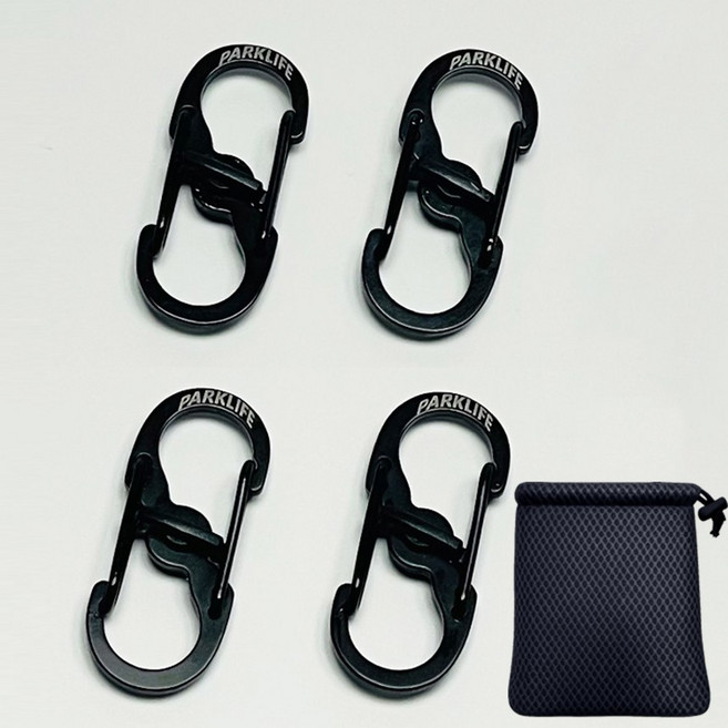 파크라이프 고강도 양방향 미니 스텐 카라비너 도난방지 잠금장치 + 파우치 1개, 1세트, 블랙4개
