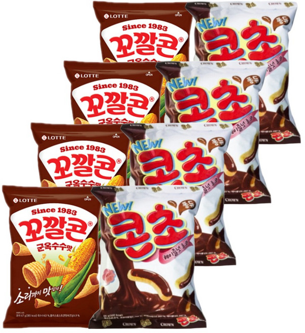 롯데 크라운 스낵모음 꼬깔콘 군옥수수 67gx4개+콘초 66gx4개 (총8개), 1세트, 532g