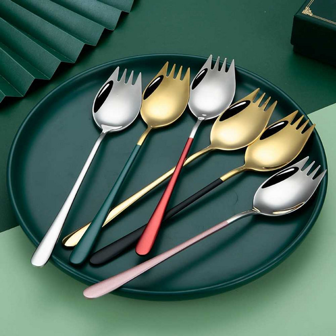 포카락 스테인레스 일체형 직장인 성인용 샐러드 포크, 상세 페이지 참고, 그린 + 골드, 1개