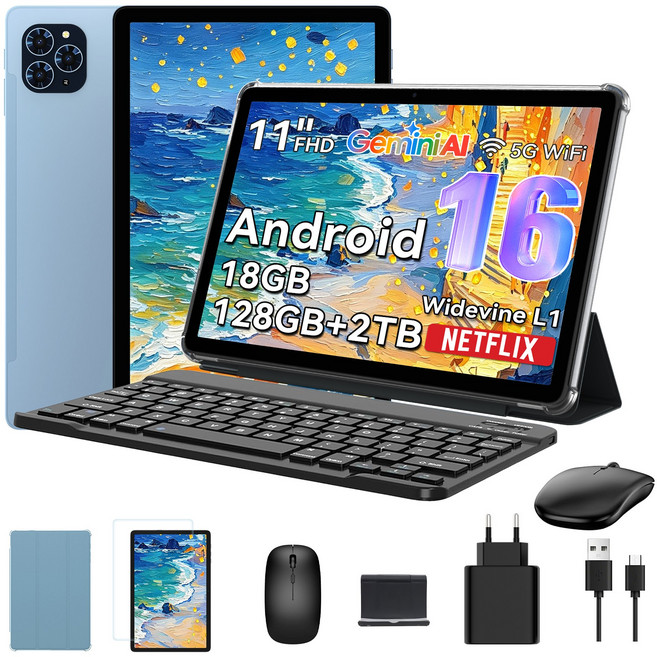 TABWEE 2026 최신형 태블릿 Android16 Gemini AI 11인치 태블릿PC 18GB +128GB 2TB확장 옥타코어 게이밍 테블릿 pc 9in1 키보드세트, Wi-Fi, 128GB, 파란색