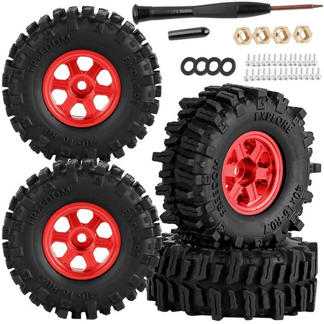 Hcespuos 0.7 RC 휠 RC 타이어 1/30 1/32 Axia 1 SCX30 레드 cat Ascent-32 알루미늄 RC 트럭 타이어 하이웨이 타이어 0.7 RC 휠, 레드/4개