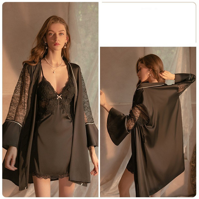 絲滑緞面睡裙附胸墊性感蕾絲睡衣連身吊帶睡袍家居服