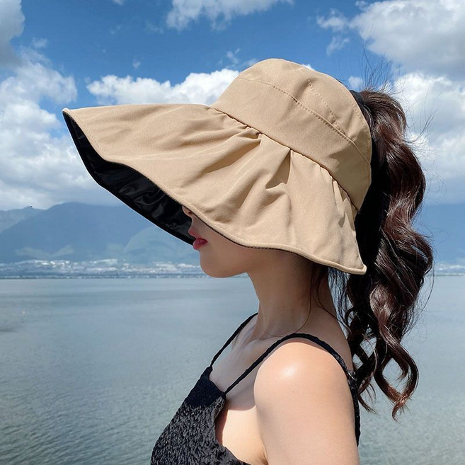 夏季空頂防曬帽 可凹造型 黑膠遮陽帽 海灘防曬帽 韓版百搭 太陽帽 大簷遮臉漁夫帽