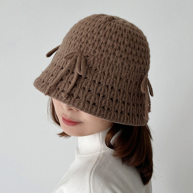 리본 니트 펀칭 벙거지 여성 버킷햇 가을 겨울모자