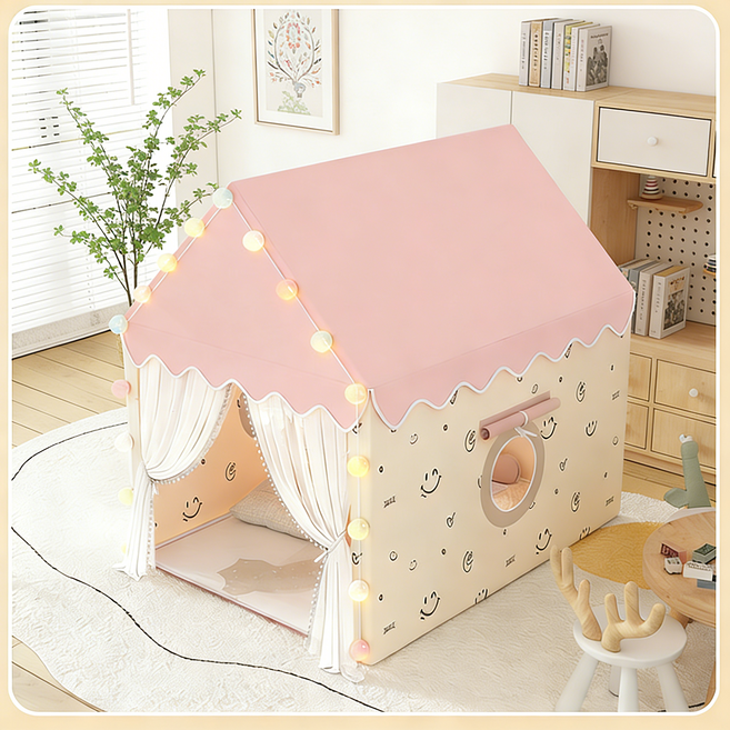 Leesheer 접이식 플레이텐트 실내 놀이용 대형 텐트 플레이 원터치텐트 캠핑텐트 (매트 미포함), 3명, 분홍색 웃는 얼굴