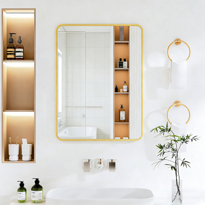 뷰티피크 라운드형 벽거울 화장대거울 욕실거울 강화안전유리, 골드45cm