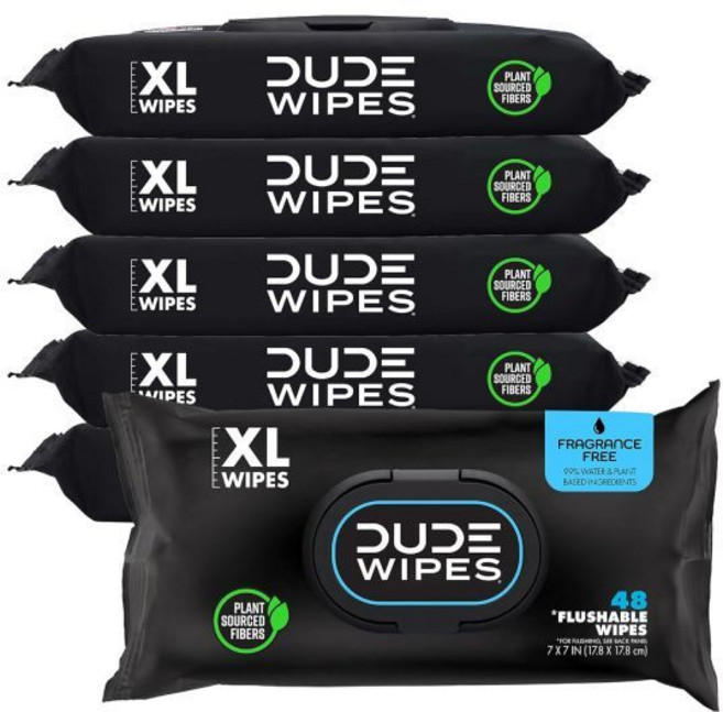듀드 물티슈 플러시 가능한 6팩 288개 무향 초대형 성인용 비타민 E 알로에 패혈증 및 하수구 안전, Fragrance Free, 48 Count (Pack of 6)