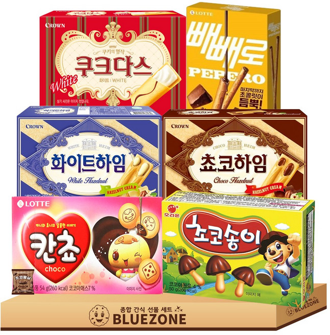 사무실 탕비실 초코과자 세트 칸쵸54g 초코송이50g 빼빼로초코필드53g 초코하임47g 화이트하임47g 쿠크다스화이트77g 몽실22g, 1세트, 혼합
