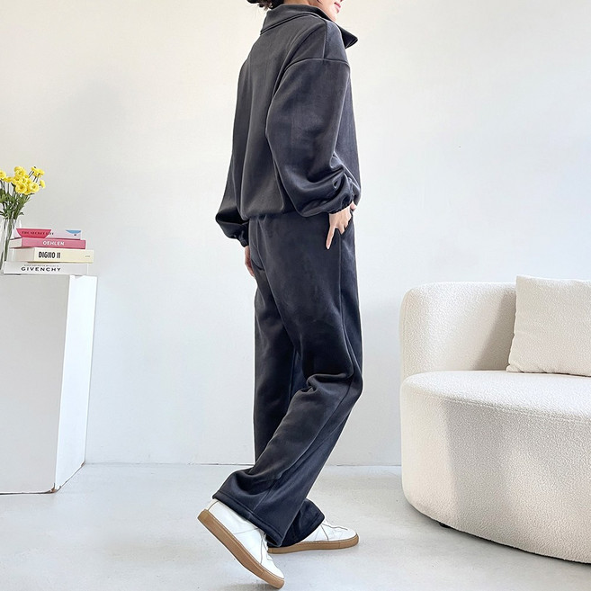 잘빠진 기모 루즈핏 벨벳 코듀로이 반집업 상의 + 일자 롱 밴딩 팬츠 세트