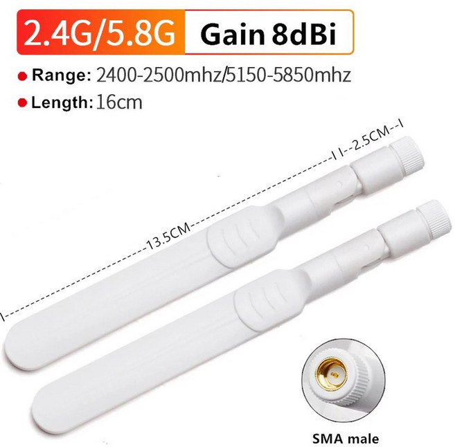 안테나 라우터 2pcs 8dBi 듀얼 밴드 WIFI 2.4G 5G 5.8G SMA 남성 범용 공중 증폭기 WLAN Singal 부스터, White SMA Male