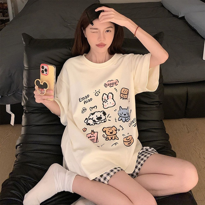 寬版圓領印花短袖短褲女睡衣居家服