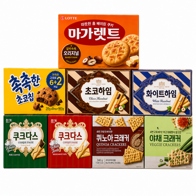 과자세트 과자선물세트 (마가렛트 야채크래커 촉촉한초코칩 초코하임 쿠크다스 커피&화이트 퀴노아 크래커 화이트 하임), 1개