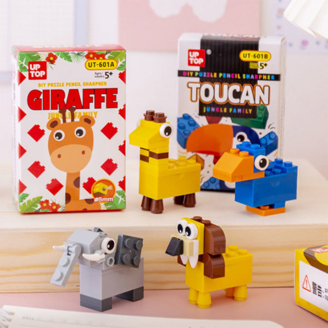 레고 블럭 연필깎이 4종 세트 동물 미니 수동 어린이집 유치원 생일 선물 답례품, 1세트, 동물세트(기린,사자,코끼리,왕부리새)