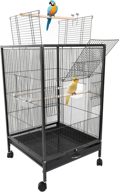 SAIVEINA 프리미엄 고급 앵무새 잉꼬 이동식 새장 녹슬방지 튼튼한 대용량 새케이지 통기성이 뛰어난 소동물 케이지 새집 앵보장 원목횃대 및 식컵 물컵 동봉, 블랙