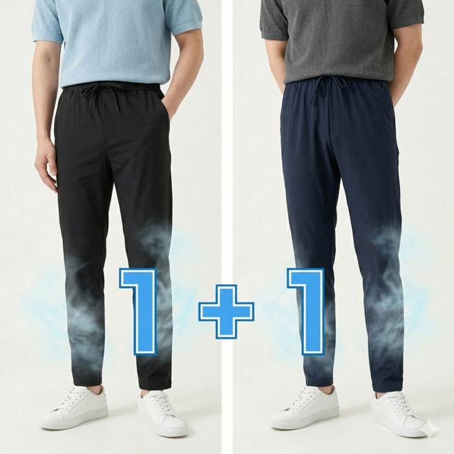 1+1 남자 여름 바지 밴딩 슬랙스 스판 빅사이즈 슬랙스 링클프리 아이스 쿨 냉감소재