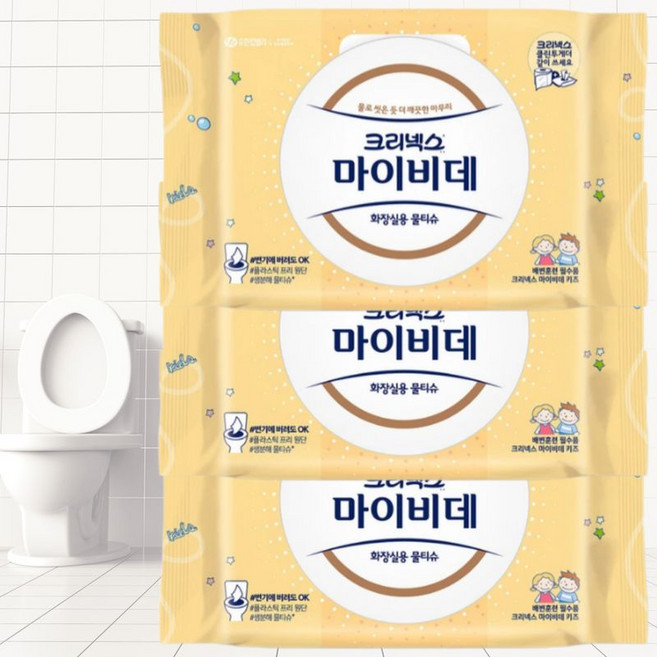 크리넥스 마이비데 키즈 물에 녹는 비데티슈, 3개, 40개입, 55g